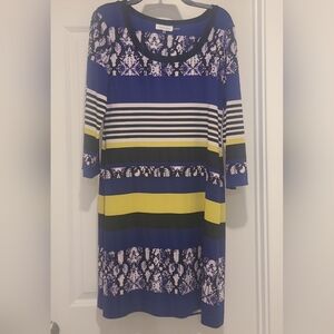 Calvin Klein Dress Slinky Jersey Bold Bright Stripe Multi 3/4 Sleeve